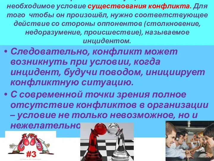 Наличие конфликтной ситуации это только необходимое условие существования конфликта. Для того