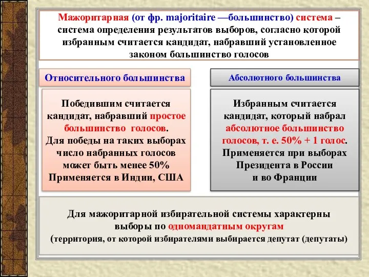 Мажоритарная (от фр. majoritaire —большинство) система – система определения результатов выборов,