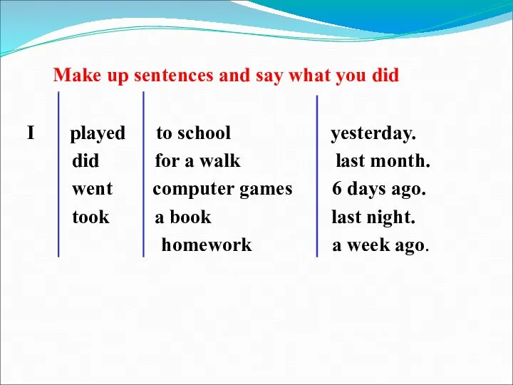 Make up sentences and say what you did I played to