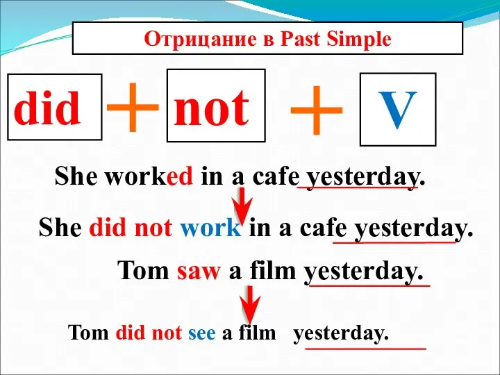 did Отрицание в Past Simple not V Tom did not see a film yesterday.