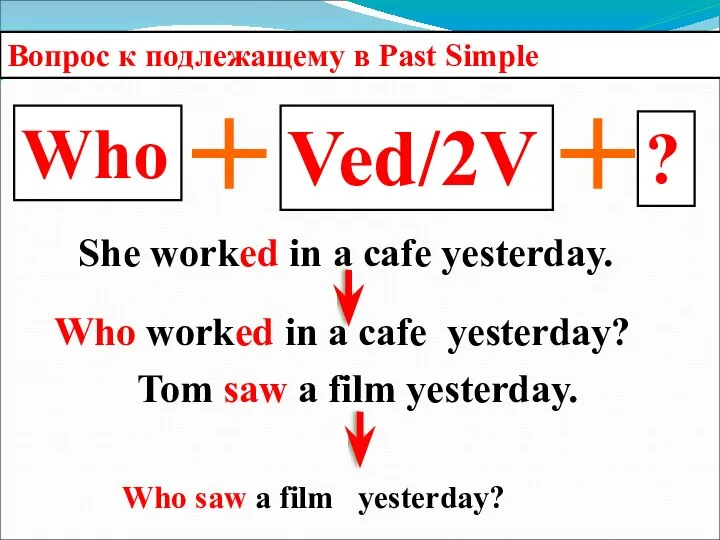 Who Вопрос к подлежащему в Past Simple Ved/2V She worked in