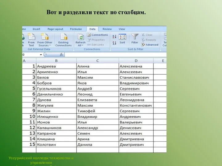 Вот и разделили текст по столбцам. Уссурийский колледж технологии и управления Аджарян Арменуи Гайковна