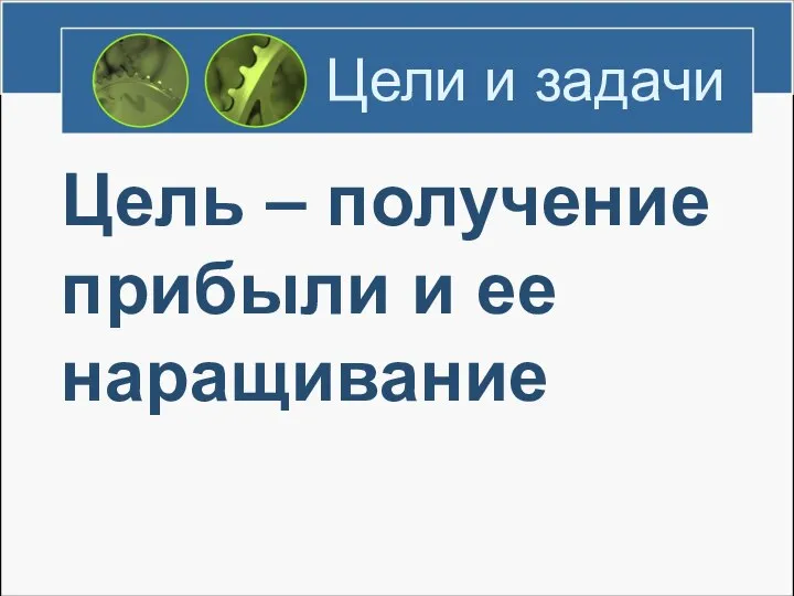 Цели и задачи Цель – получение прибыли и ее наращивание