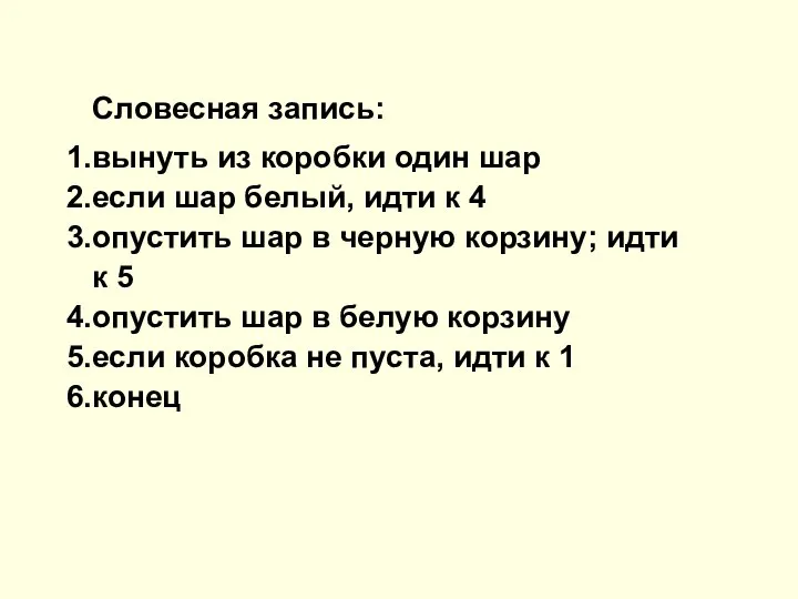 Словесная запись: вынуть из коробки один шар если шар белый, идти