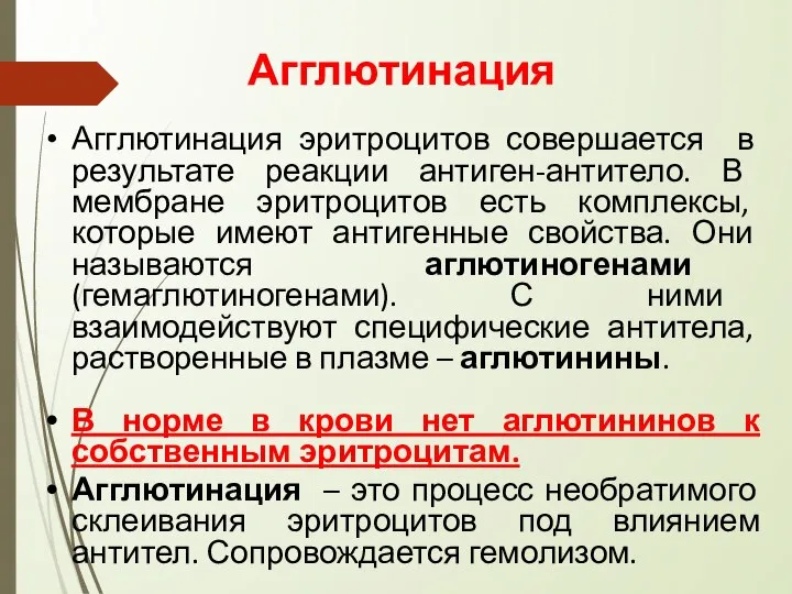 Агглютинация Агглютинация эритроцитов совершается в результате реакции антиген-антитело. В мембране эритроцитов