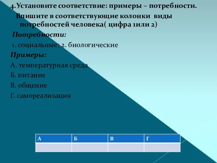 4.Установите соответствие: примеры – потребности. Впишите в соответствующие колонки виды потребностей