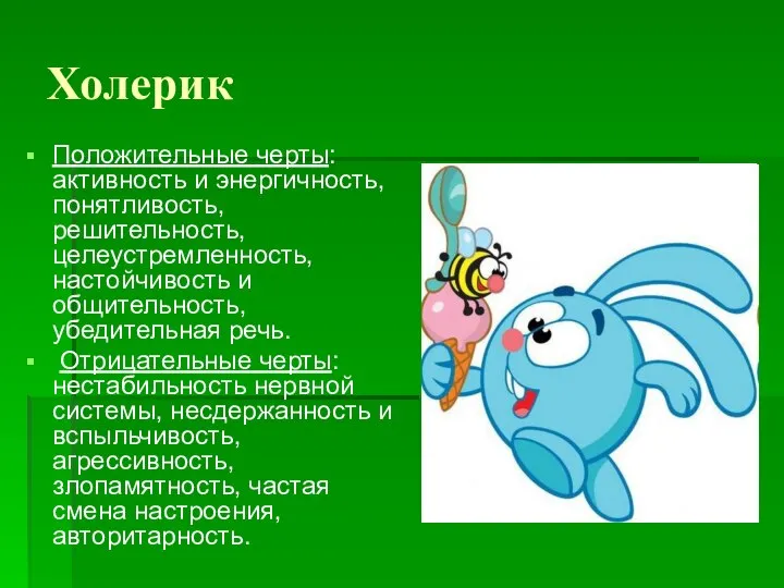 Холерик Положительные черты: активность и энергичность, понятливость, решительность, целеустремленность, настойчивость и