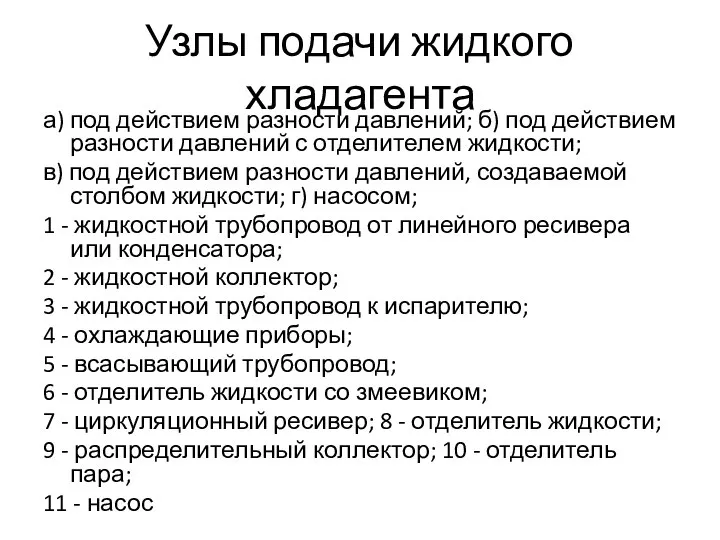 Узлы подачи жидкого хладагента а) под действием разности давлений; б) под