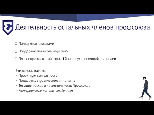 Деятельность остальных членов профсоюза Пользуются плюшками Поддерживают актив морально Платят профсоюзный