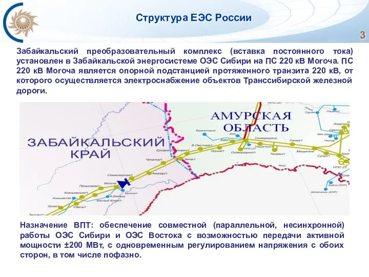 Структура ЕЭС России Забайкальский преобразовательный комплекс (вставка постоянного тока) установлен в