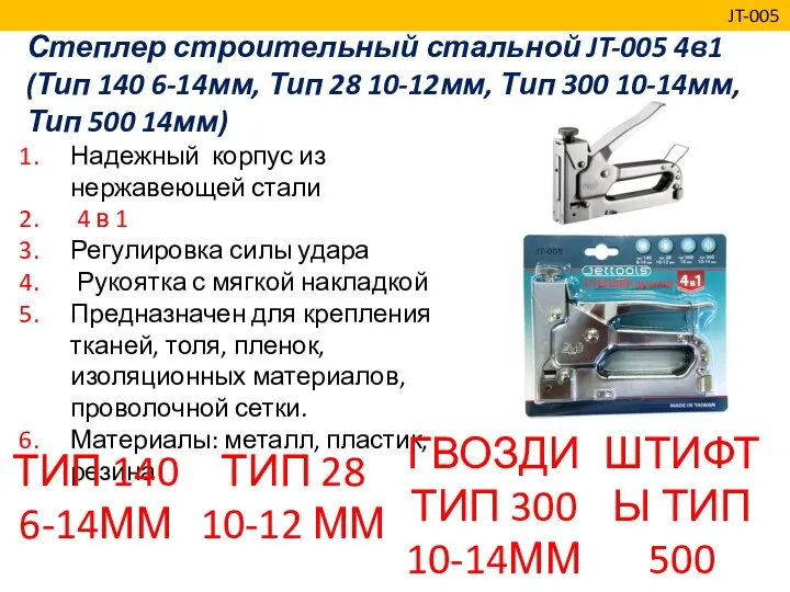 Степлер строительный стальной JT-005 4в1 (Тип 140 6-14мм, Тип 28 10-12мм,