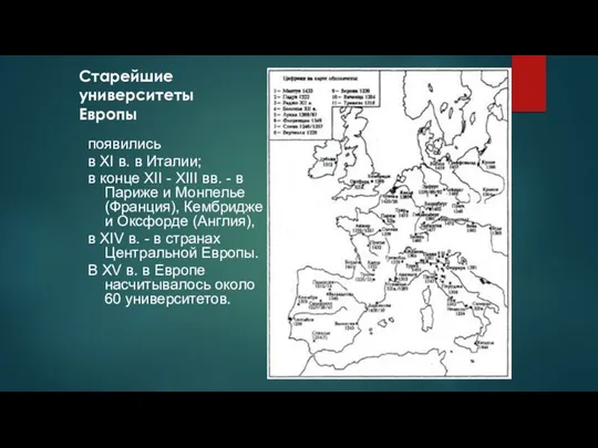 Старейшие университеты Европы появились в XI в. в Италии; в конце