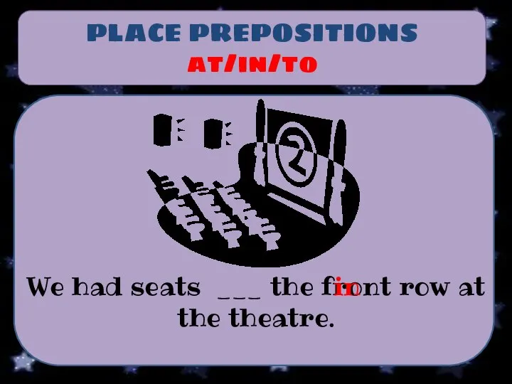 PLACE PREPOSITIONS at/in/to We had seats ___ the front row at the theatre. in