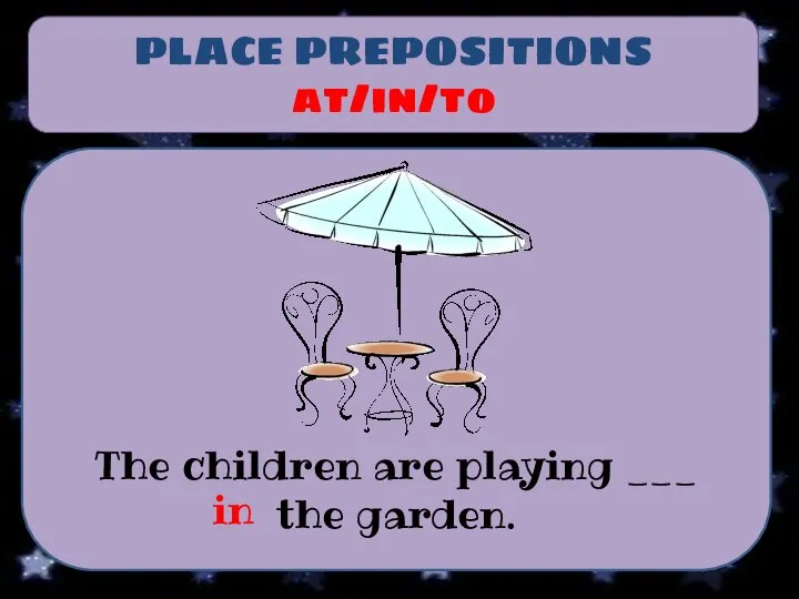 PLACE PREPOSITIONS at/in/to The children are playing ___ the garden. in