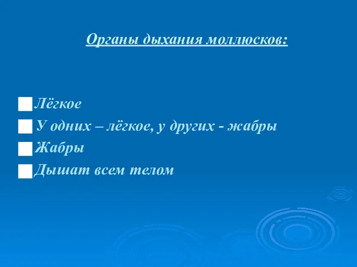 Органы дыхания моллюсков: Лёгкое У одних – лёгкое, у других - жабры Жабры Дышат всем телом