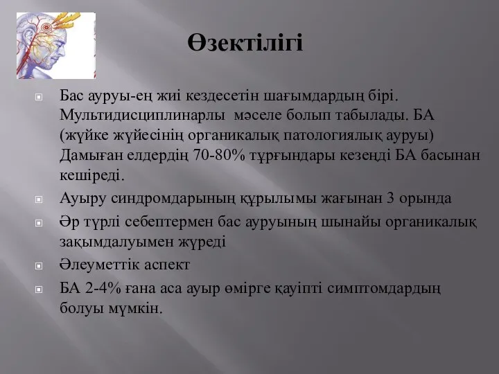 Өзектілігі Бас ауруы-ең жиі кездесетін шағымдардың бірі. Мультидисциплинарлы мәселе болып табылады.