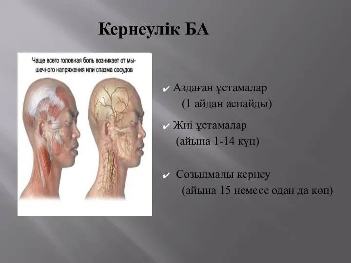 Кернеулік БА Аздаған ұстамалар (1 айдан аспайды) Жиі ұстамалар (айына 1-14