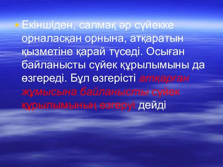 Екіншіден, салмақ әр сүйекке орналасқан орнына, атқаратын қызметіне қарай түседі. Осыған