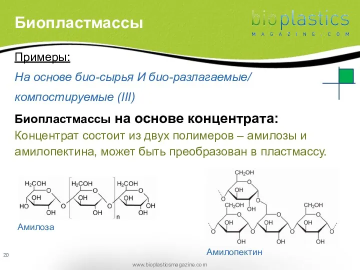 Примеры: На основе био-сырья И био-разлагаемые/ компостируемые (III) Биопластмассы на основе