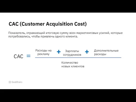 CAC (Customer Acquisition Cost) Показатель, отражающий итоговую сумму всех маркетинговых усилий,