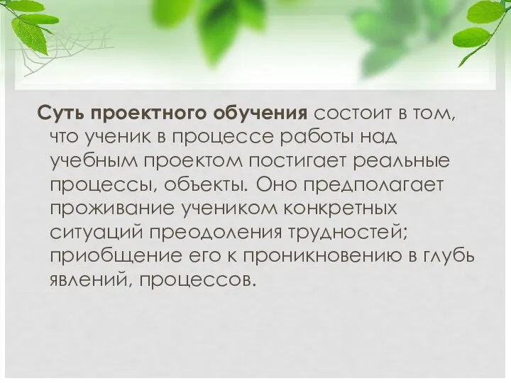 Суть проектного обучения состоит в том, что ученик в процессе работы