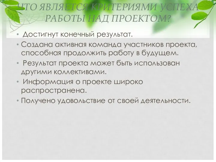 ЧТО ЯВЛЯЕТСЯ КРИТЕРИЯМИ УСПЕХА РАБОТЫ НАД ПРОЕКТОМ? Достигнут конечный результат. Создана