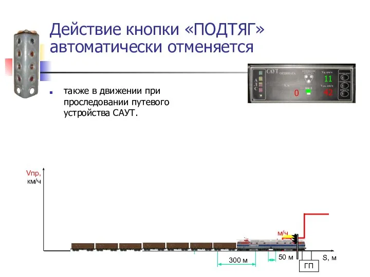 Действие кнопки «ПОДТЯГ» автоматически отменяется также в движении при проследовании путевого