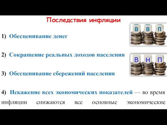 Последствия инфляции 1) Обесценивание денег 2) Сокращение реальных доходов населения 3)