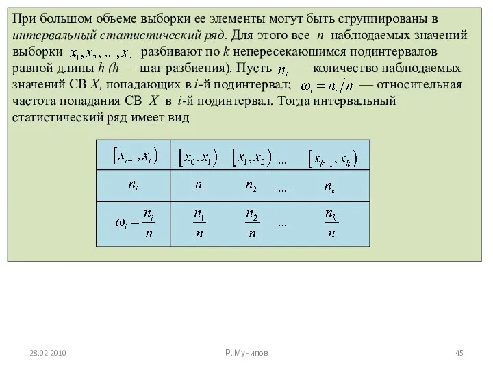 28.02.2010 Р. Мунипов При большом объеме выборки ее элементы могут быть