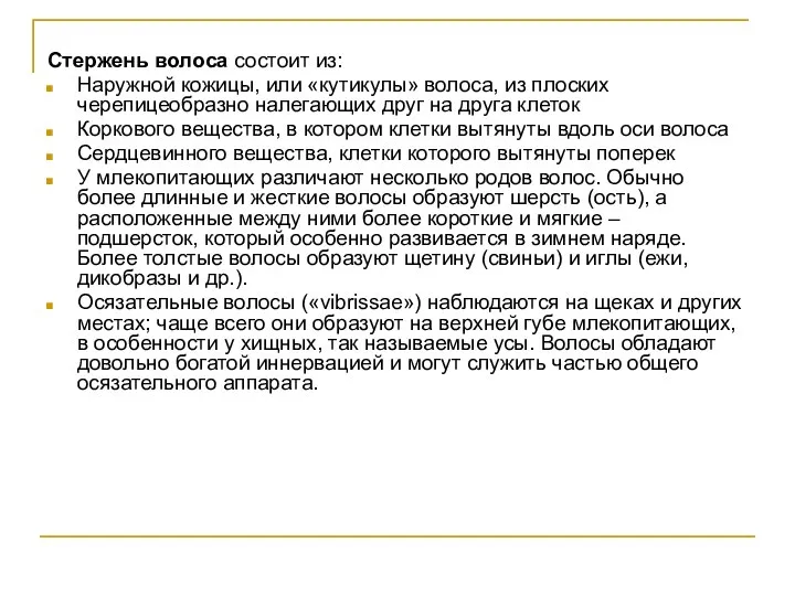 Стержень волоса состоит из: Наружной кожицы, или «кутикулы» волоса, из плоских