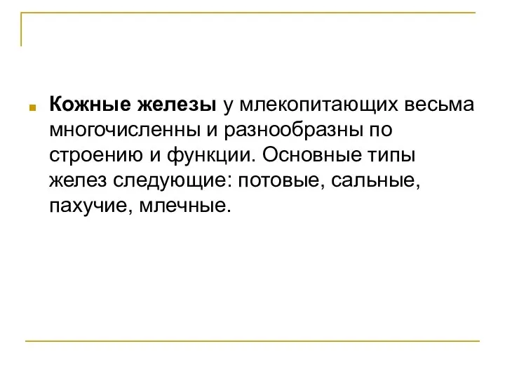 Кожные железы у млекопитающих весьма многочисленны и разнообразны по строению и