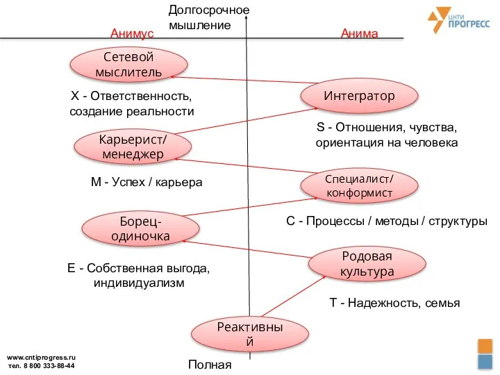 Сетевой мыслитель Интегратор Карьерист/ менеджер Специалист/ конформист Борец-одиночка Родовая культура Реактивный