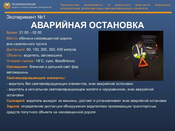 Эксперимент №1 АВАРИЙНАЯ ОСТАНОВКА Время: 21:00 – 02:00 Место: обочина неосвещенной