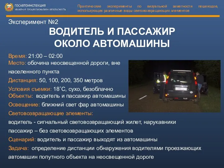 Эксперимент №2 ВОДИТЕЛЬ И ПАССАЖИР ОКОЛО АВТОМАШИНЫ Время: 21:00 – 02:00