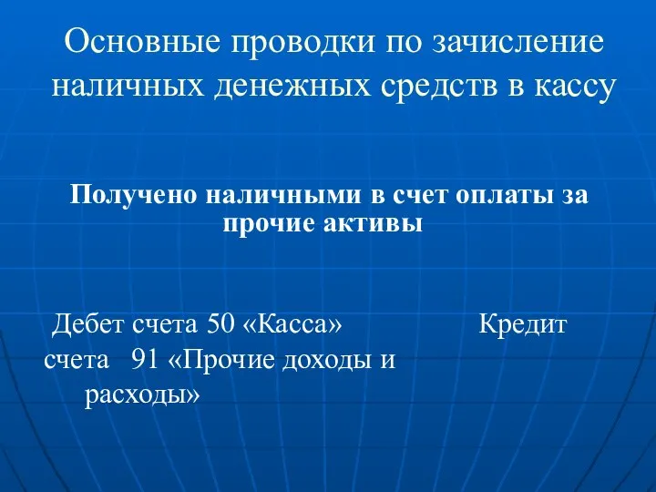 Основные проводки по зачисление наличных денежных средств в кассу Получено наличными