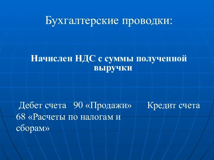 Бухгалтерские проводки: Начислен НДС с суммы полученной выручки Дебет счета 90