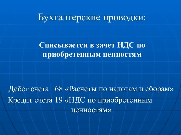 Бухгалтерские проводки: Списывается в зачет НДС по приобретенным ценностям Дебет счета