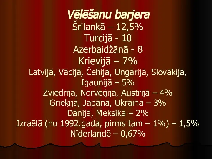 Vēlēšanu barjera Šrilankā – 12,5% Turcijā - 10 Azerbaidžānā - 8