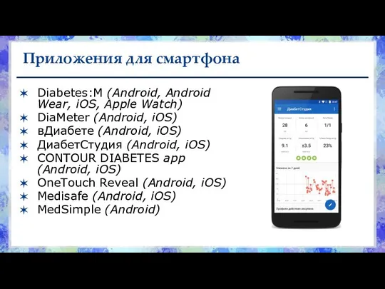 Приложения для смартфона Diabetes:M (Android, Android Wear, iOS, Apple Watch) DiaMeter