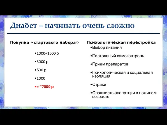 Диабет – начинать очень сложно Покупка «стартового набора» 1000+1500 р 3000