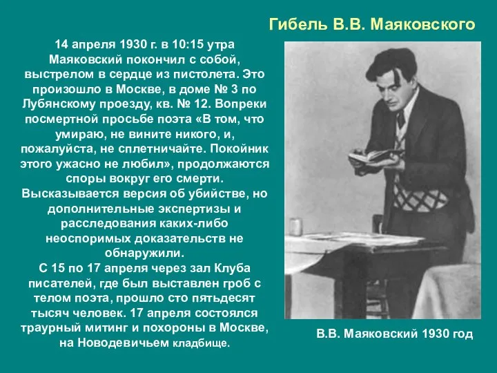 Гибель В.В. Маяковского 14 апреля 1930 г. в 10:15 утра Маяковский