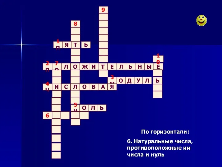 По горизонтали: 6. Натуральные числа, противоположные им числа и нуль