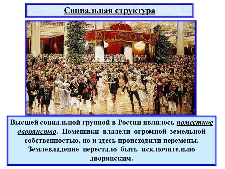 Социальная структура Высшей социальной группой в России являлось поместное дворянство. Помещики