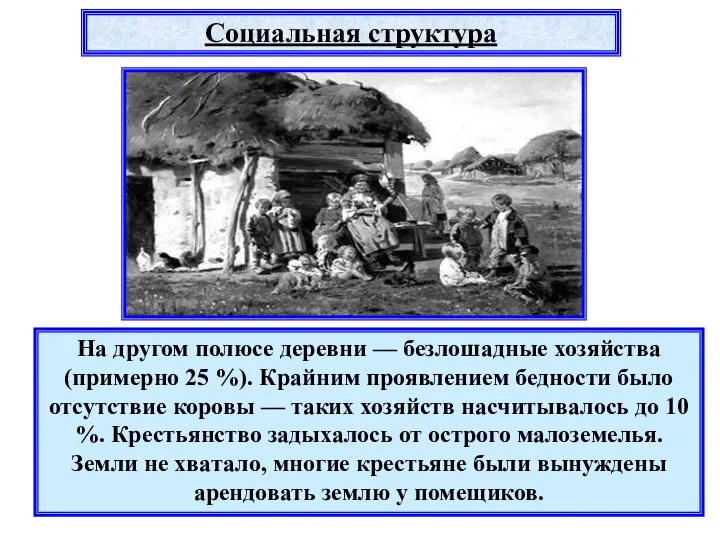 На другом полюсе деревни — безлошадные хозяйства (примерно 25 %). Крайним