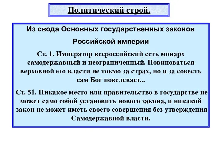 Политический строй. Из свода Основных государственных законов Российской империи Ст. 1.