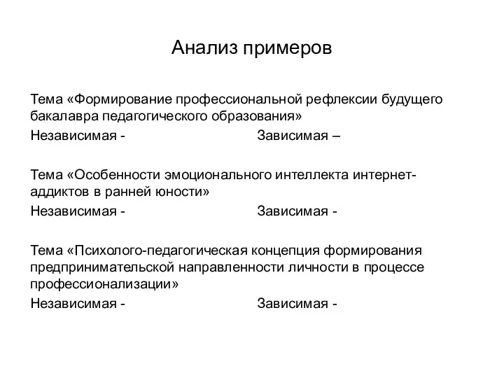 Анализ примеров Тема «Формирование профессиональной рефлексии будущего бакалавра педагогического образования» Независимая