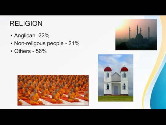 RELIGION Anglican, 22% Non-religous people - 21% Others - 56%