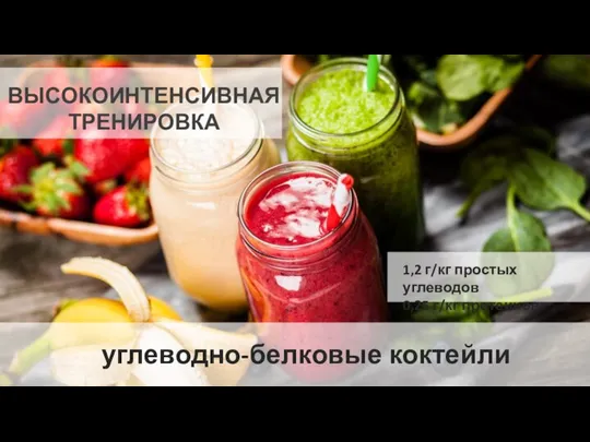 ВЫСОКОИНТЕНСИВНАЯ ТРЕНИРОВКА углеводно-белковые коктейли 1,2 г/кг простых углеводов 0,25 г/кг протеинов