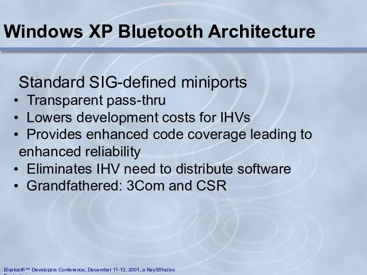Windows XP Bluetooth Architecture Standard SIG-defined miniports Transparent pass-thru Lowers development