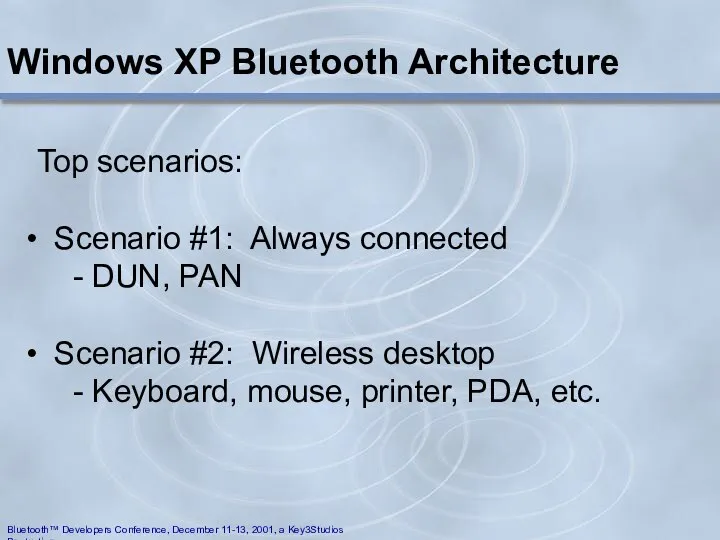 Windows XP Bluetooth Architecture Top scenarios: Scenario #1: Always connected -